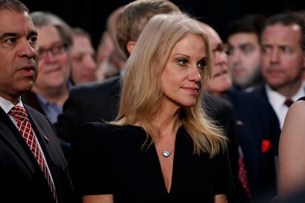 Kellyanne Conway, campaign manager for Republican presidential candidate Donald Trump, watches Trump speak during a campaign rally, Tuesday, Nov. 8, 2016, in Grand Rapids, Mich. (AP Photo/ Evan Vucci)