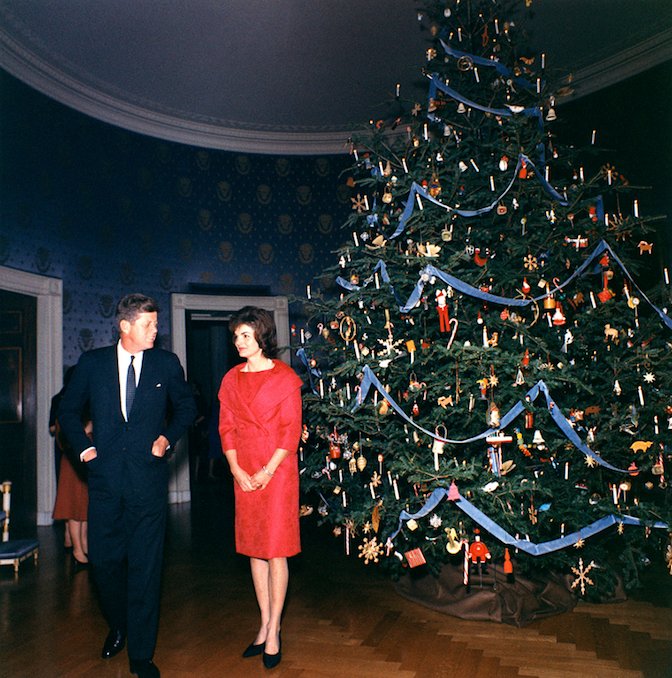 The Kennedy's in the White House blue room during Christmas 1962. Source: JFK Library, national archives