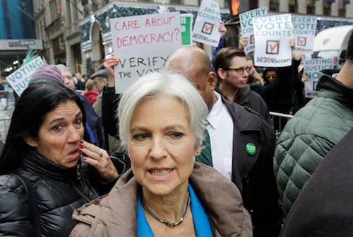 Jill Stein, the presidential Green Party candidate, arrives for a news conference in front of Trump Tower, Monday, Dec. 5, 2016, in New York. Stein is spearheading recount efforts in Pennsylvania, Michigan and Wisconsin. (AP Photo/Mark Lennihan)