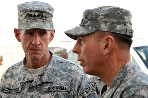 U.S. Army Gen. Stanley McChrystal, left, commander of U.S. Forces Afghanistan, and Gen. David Petraeus, commander of U.S. Central Command, talk at Bagram Air Base, Afghanistan, Oct. 29, 2009. (DoD photo by Staff Sgt. Bradley A. Lail, U.S. Air Force/Released)