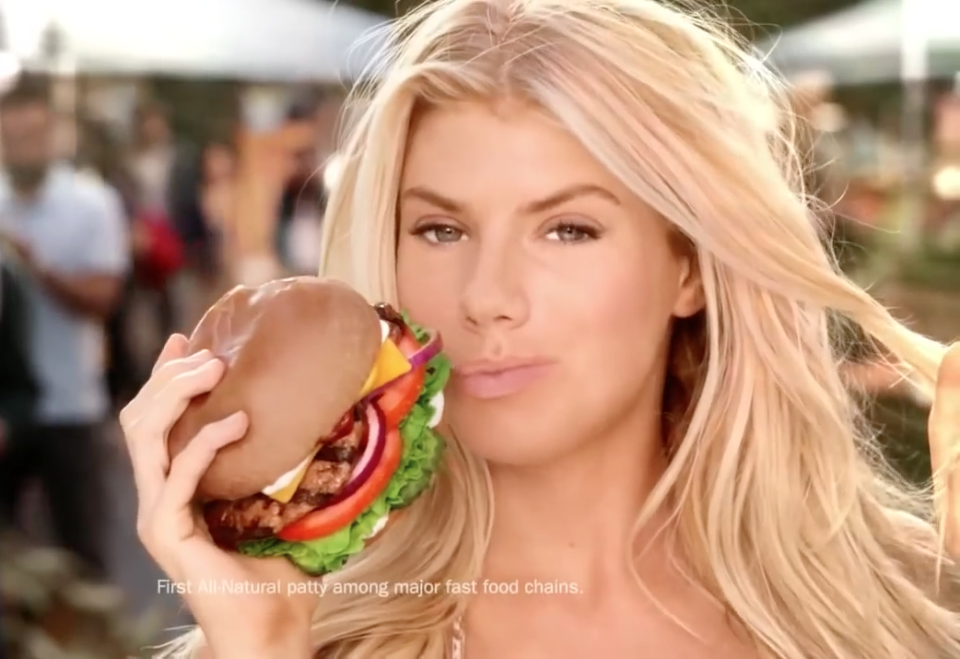 Charlotte McKinney introduces the "all-natural burger" during Super Bowl XLIX (YouTube/Screen Grab)