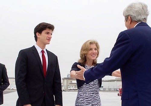 U.S. Ambassador to Japan Caroline Kennedy, flanked by her son, Jack Schlossberg, greeting U.S. Secretary of State John Kerry (Wikimedia Commons)