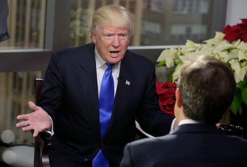 President-elect Donald Trump is interviewed by Chris Wallace of "Fox News Sunday" in Trump Tower, in New York, Saturday, Dec. 10, 2016. (AP Photo/Richard Drew)