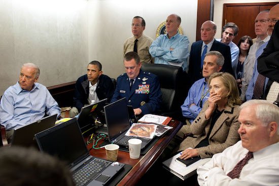 President Barack Obama and Vice President Joe Biden, along with with members of the national security team, receive an update on the mission against Osama bin Laden in the Situation Room of the White House, May 1, 2011. 
